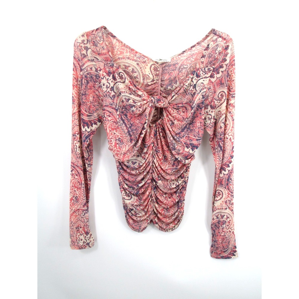 Oli & Hali Pink Paisley Bodycon Blouse XS Ruched V-Neck Fairy Romantic Pullover